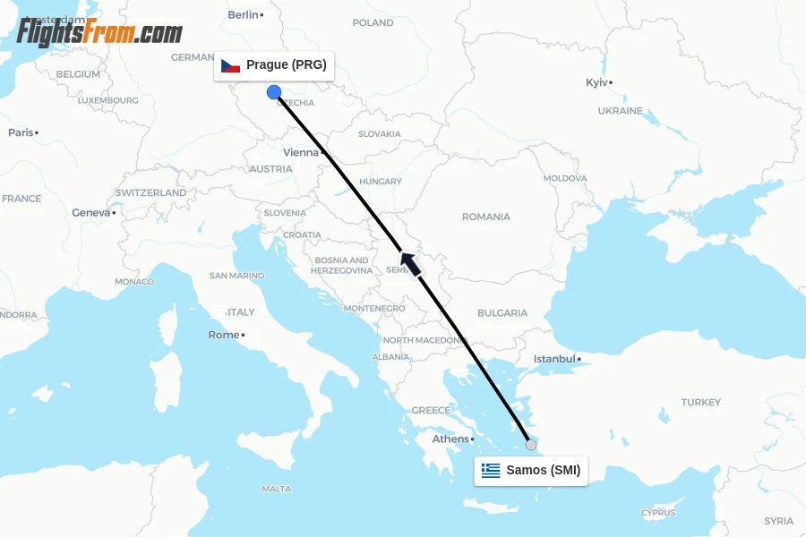 Flights from Samos to Prague route map