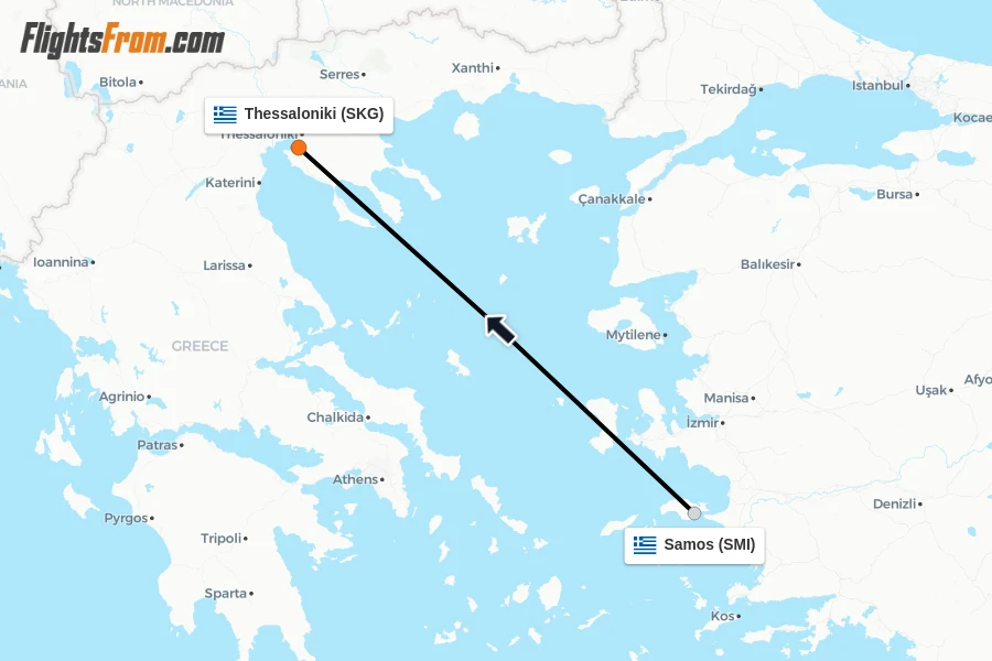 Flights from Samos to Thessaloniki route map