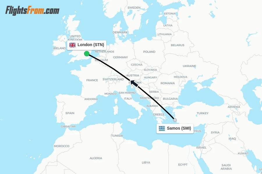 Flights from Samos to London route map