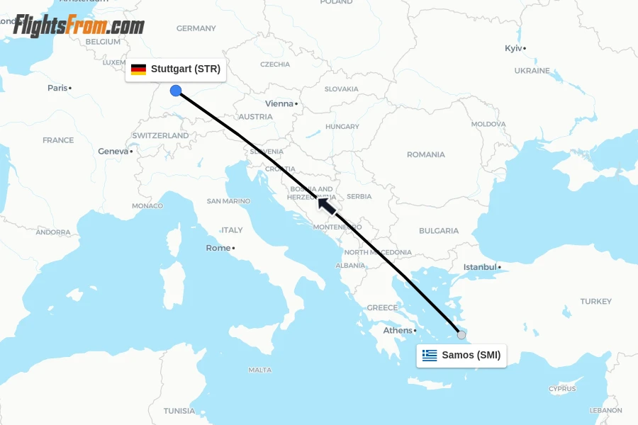 Flights from Samos to Stuttgart route map