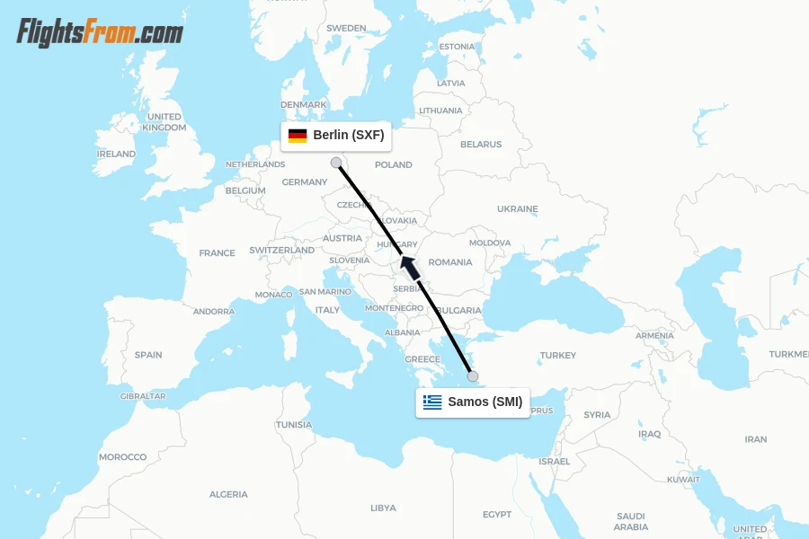 Flights from Samos to Berlin route map