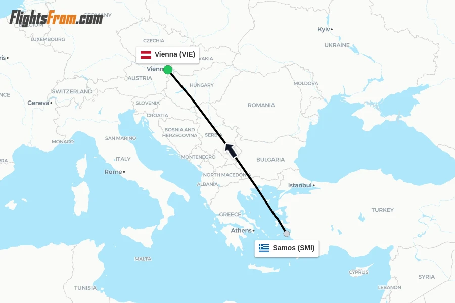 Flights from Samos to Vienna route map