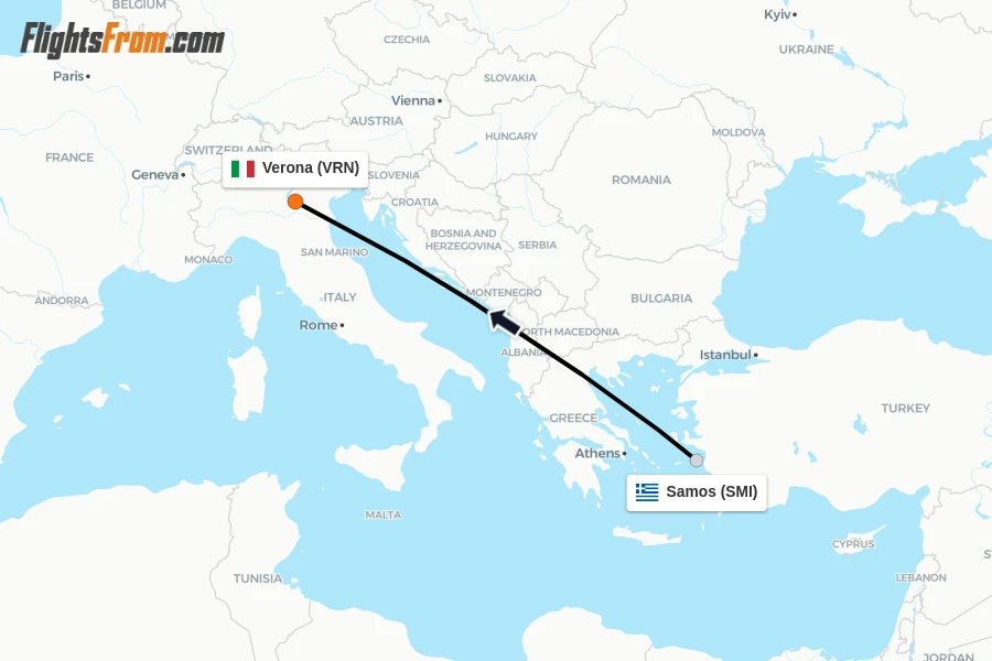 Flights from Samos to Verona route map