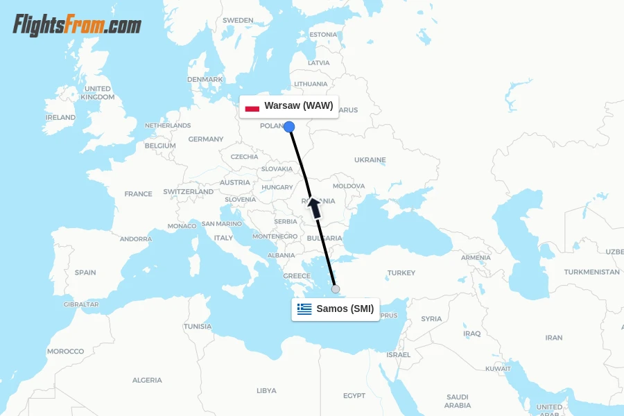 Flights from Samos to Warsaw route map