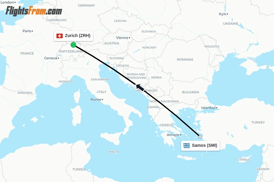 Flights from Samos to Zurich route map