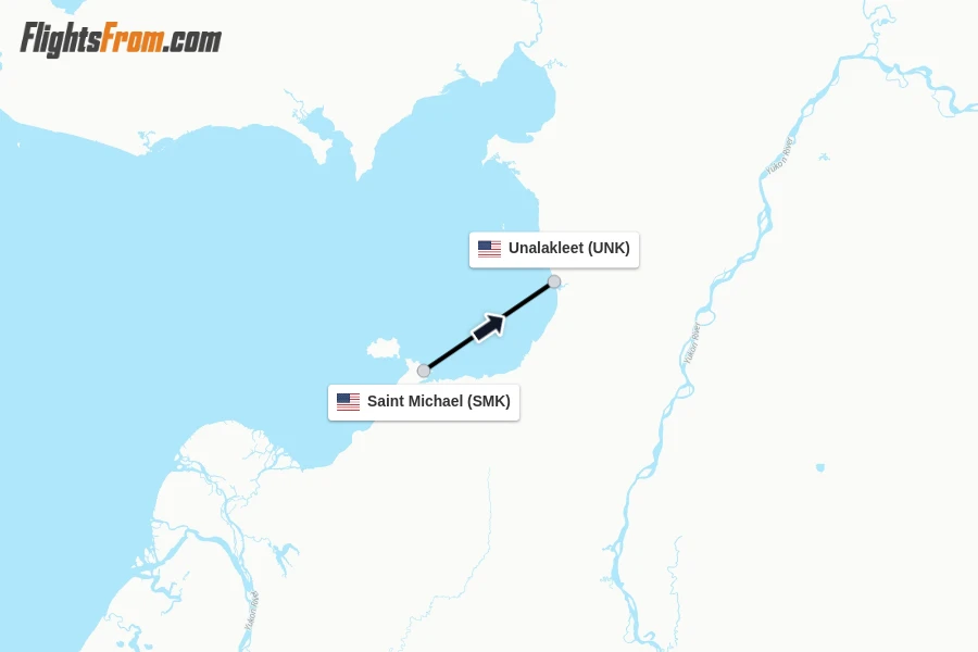 Flights from Saint Michael to Unalakleet route map