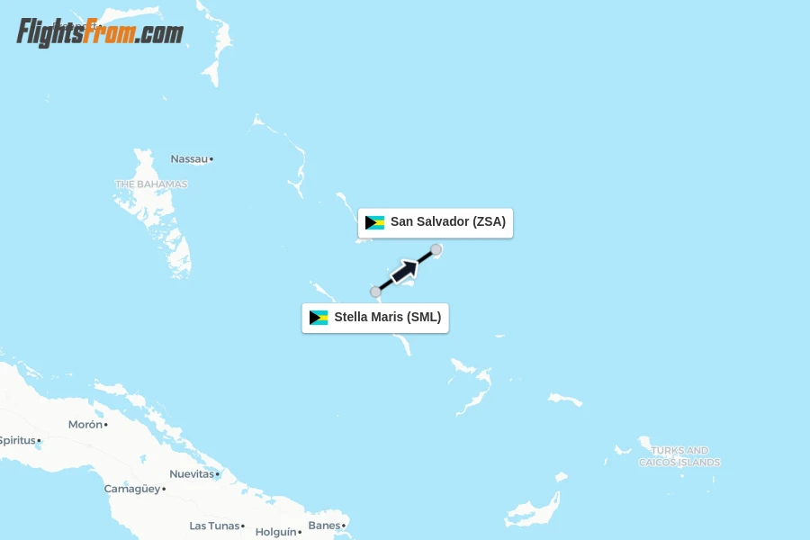 Flights from Stella Maris to San Salvador route map