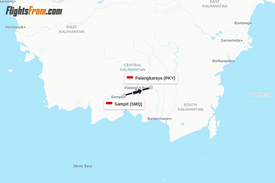 Flights from Sampit to Palangkaraya route map