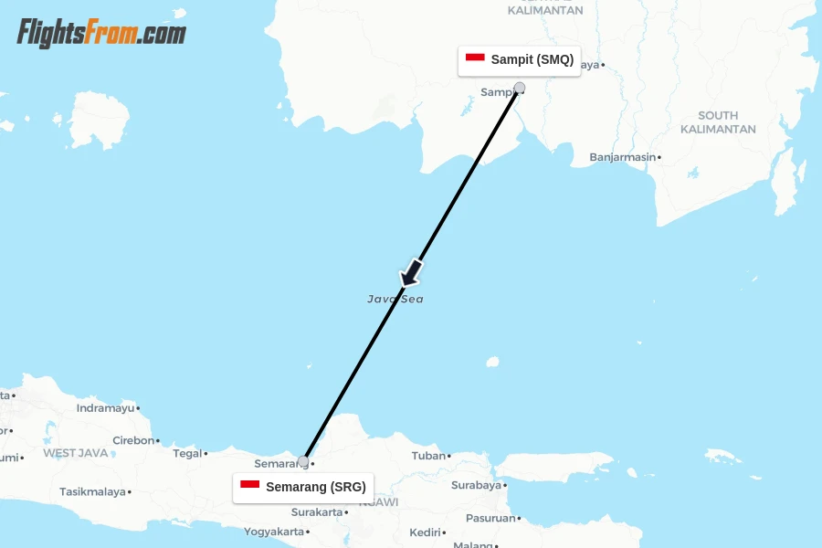 Flights from Sampit to Semarang route map