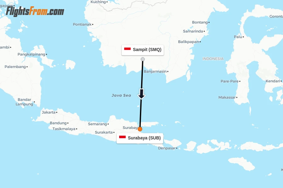 Flights from Sampit to Surabaya route map