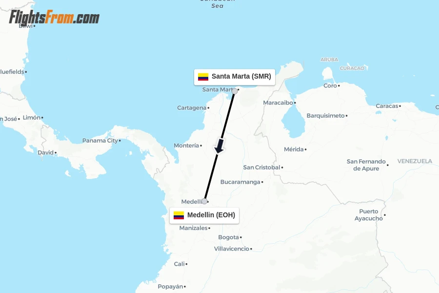 Flights from Santa Marta to Medellin route map