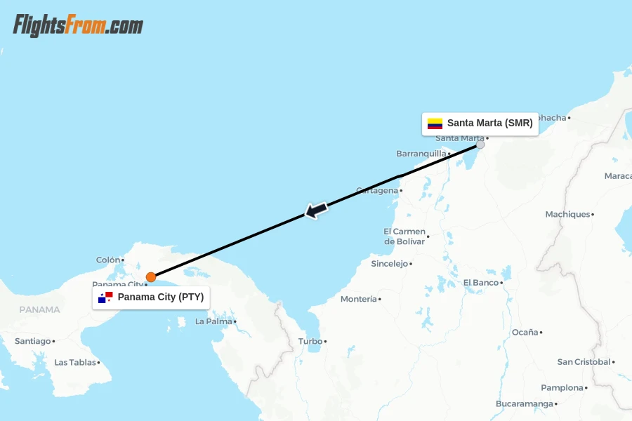 Flights from Santa Marta to Panama City route map