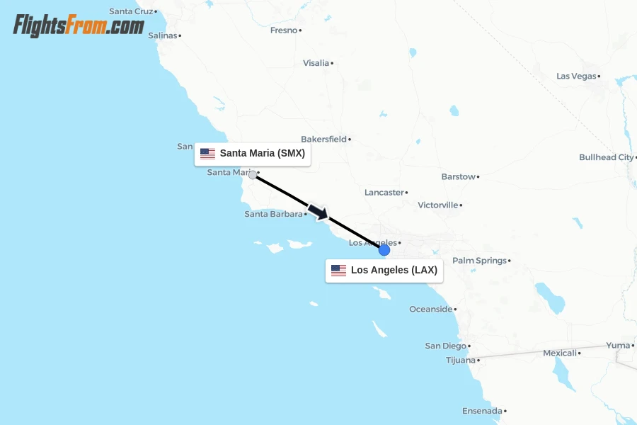 Flights from Santa Maria to Los Angeles route map
