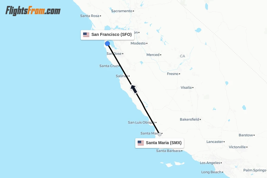 Flights from Santa Maria to San Francisco route map