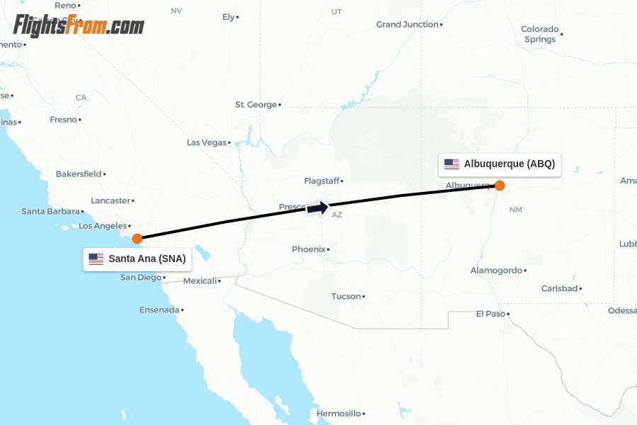 Flights from Santa Ana to Albuquerque route map