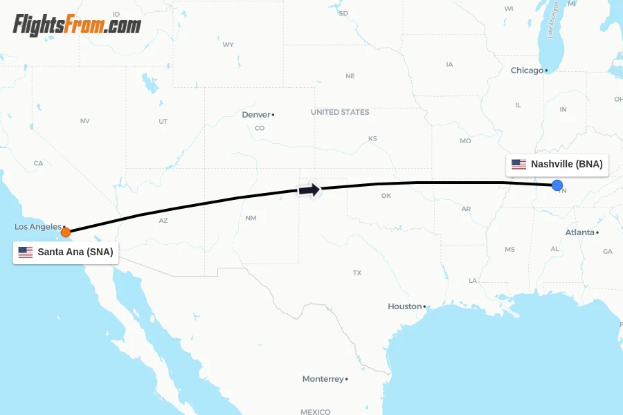 Flights from Santa Ana to Nashville route map