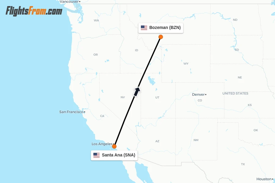 Flights from Santa Ana to Bozeman route map