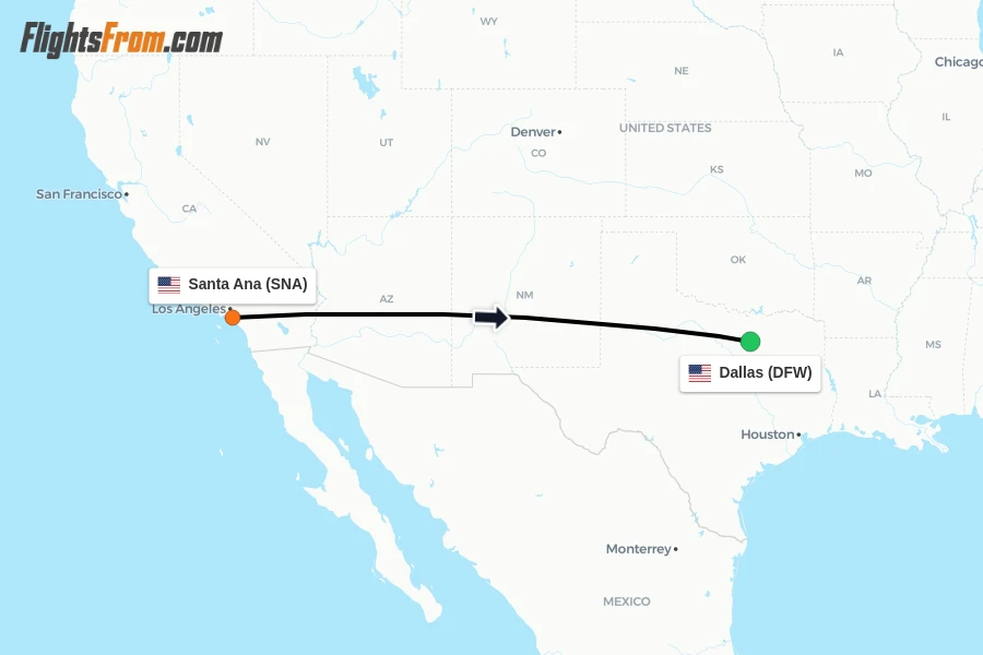Flights from Santa Ana to Dallas route map