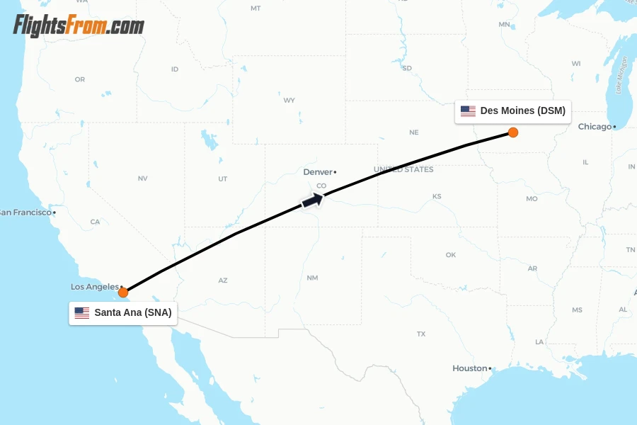 Flights from Santa Ana to Des Moines route map