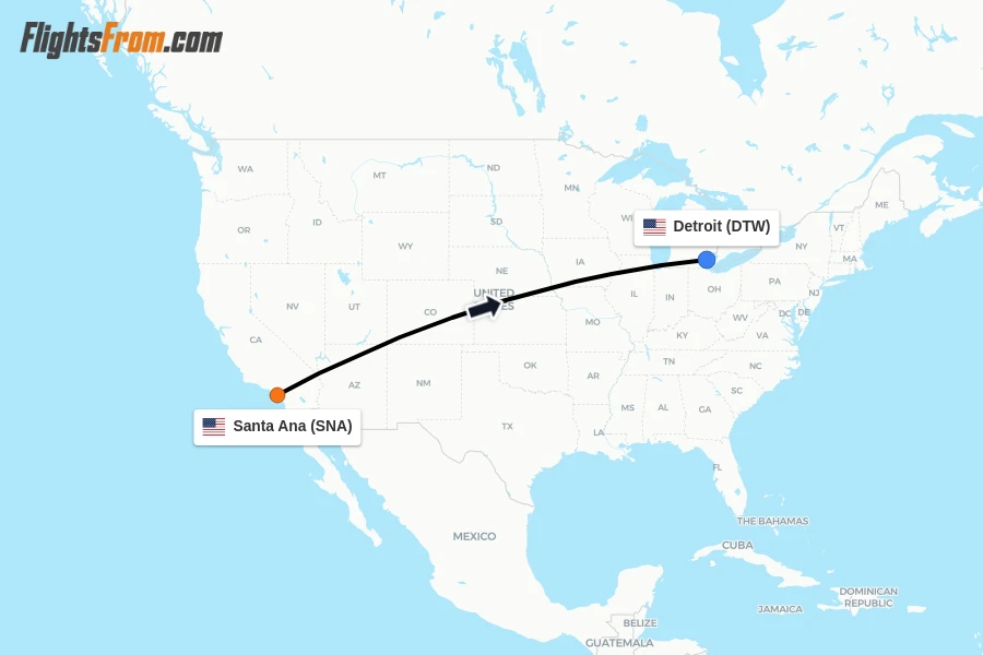 Flights from Santa Ana to Detroit route map