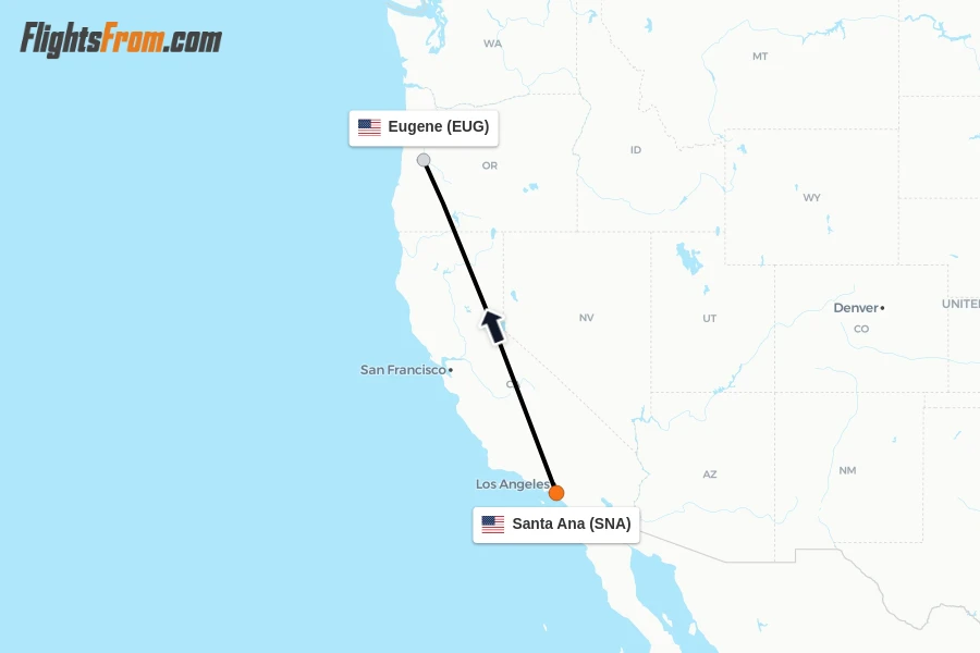 Flights from Santa Ana to Eugene route map
