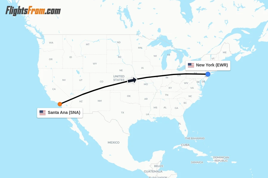 Flights from Santa Ana to New York route map