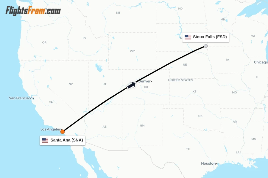 Flights from Santa Ana to Sioux Falls route map