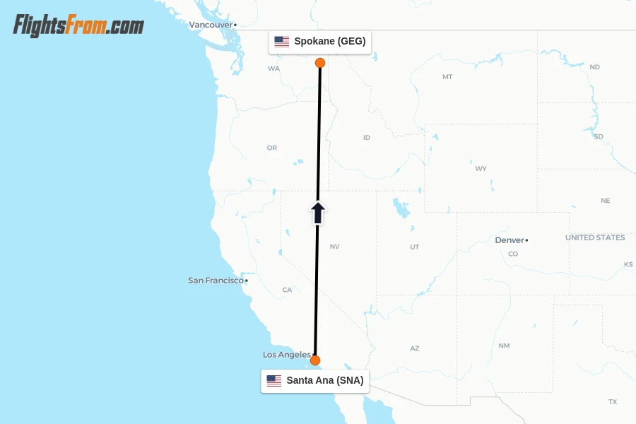 Flights from Santa Ana to Spokane route map
