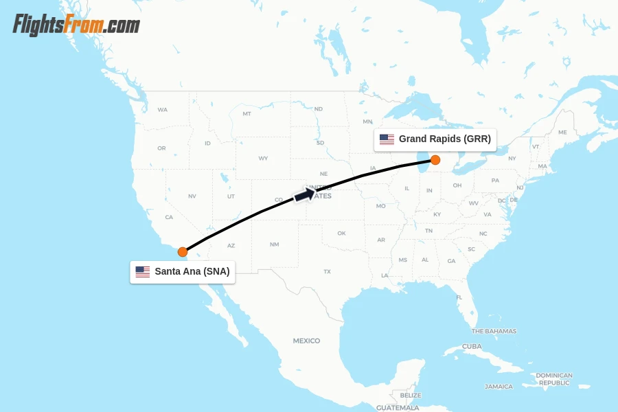 Flights from Santa Ana to Grand Rapids route map