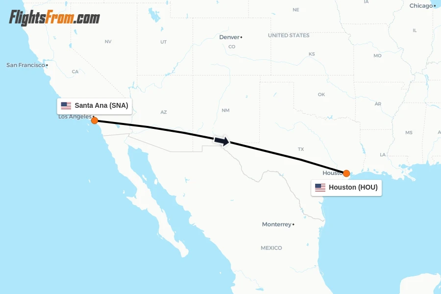 Flights from Santa Ana to Houston route map