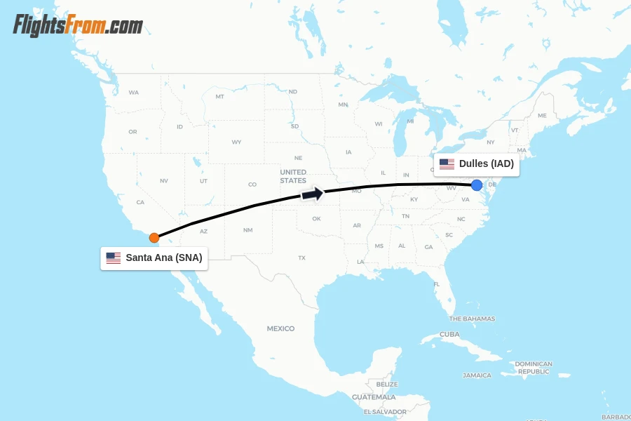 Flights from Santa Ana to Dulles route map