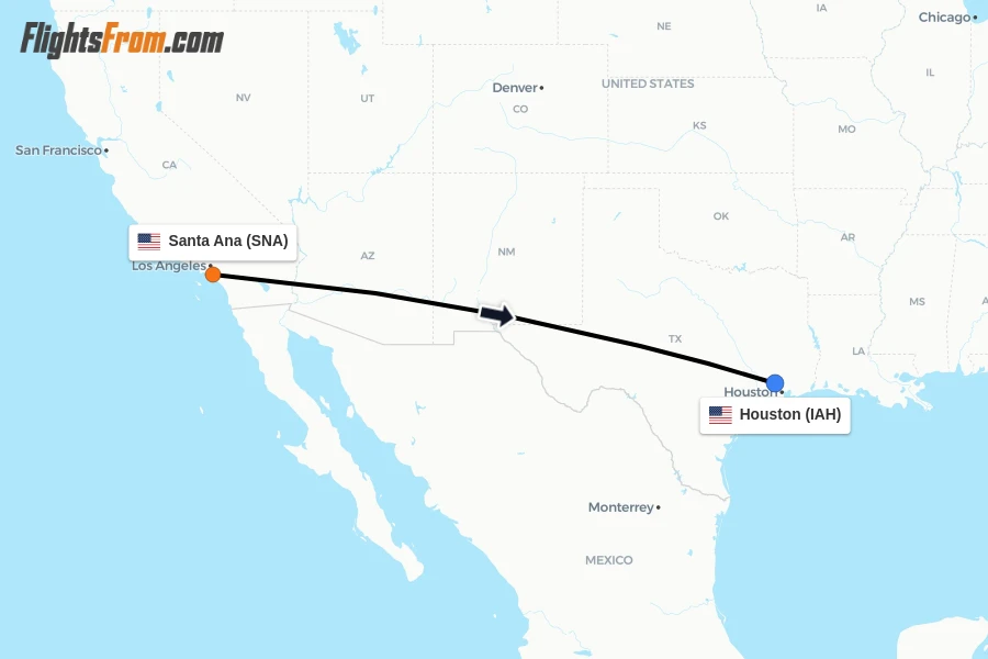 Flights from Santa Ana to Houston route map