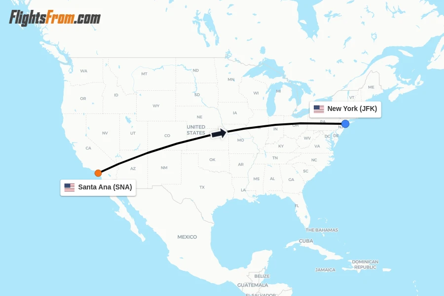 Flights from Santa Ana to New York route map