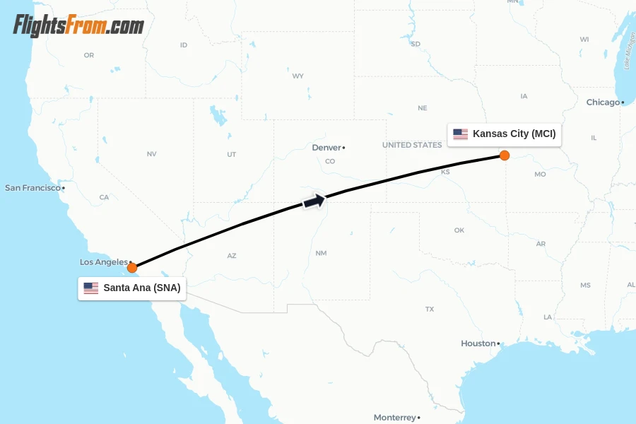 Flights from Santa Ana to Kansas City route map