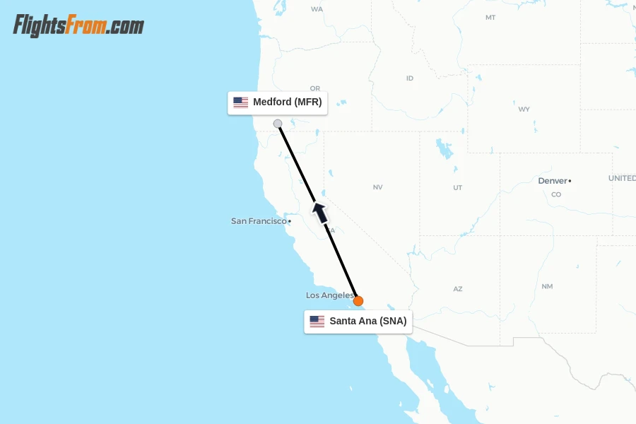 Flights from Santa Ana to Medford route map