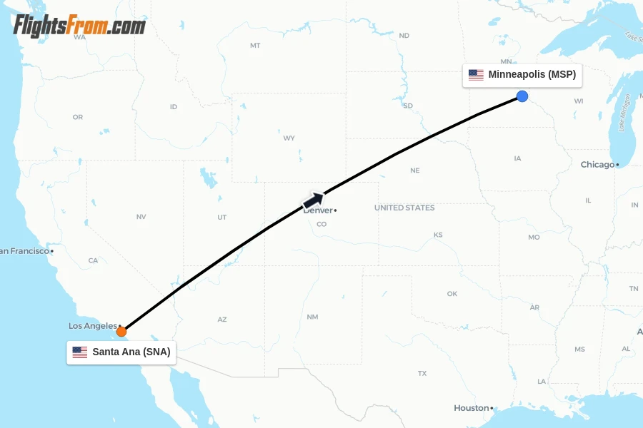 Flights from Santa Ana to Minneapolis route map