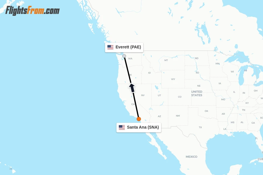 Flights from Santa Ana to Everett route map