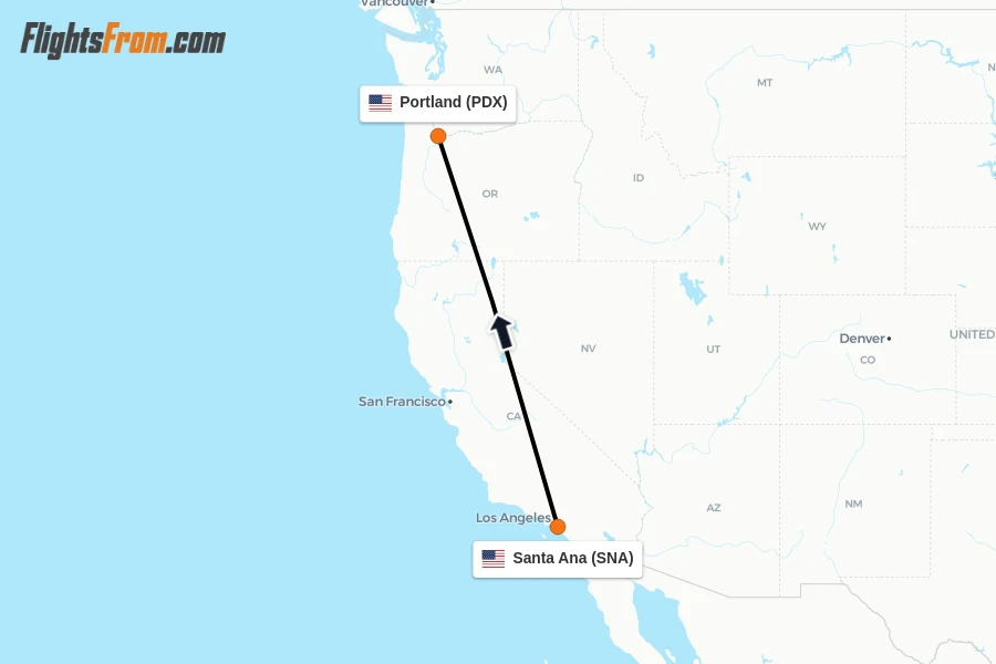 Flights from Santa Ana to Portland route map