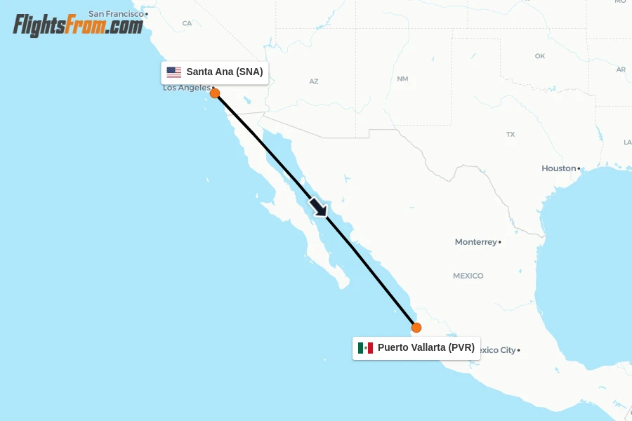 Flights from Santa Ana to Puerto Vallarta route map
