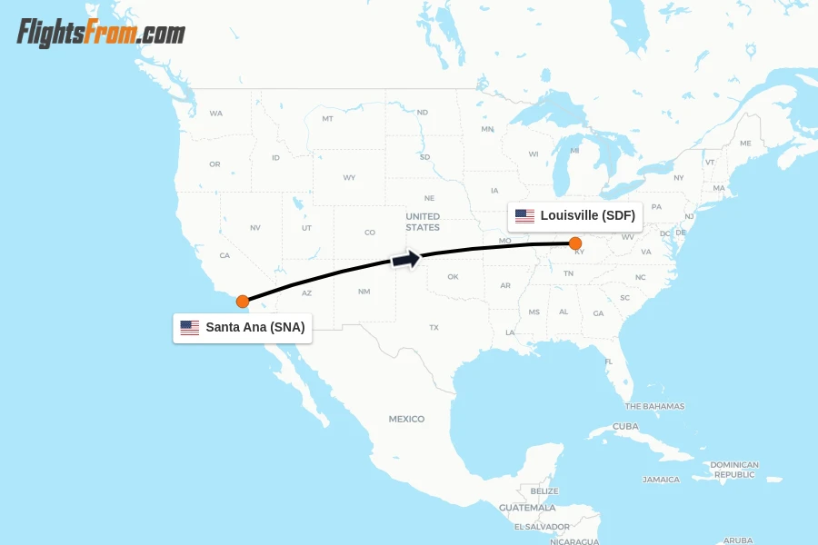 Flights from Santa Ana to Louisville route map