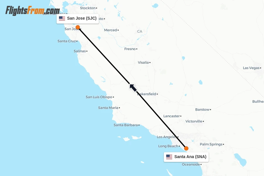 Flights from Santa Ana to San Jose route map