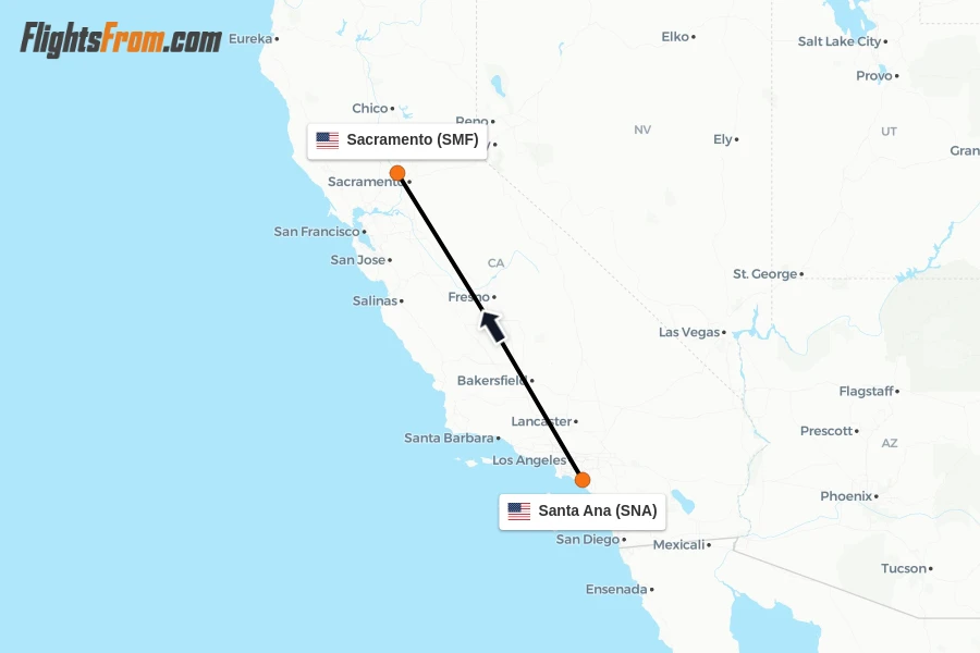 Flights from Santa Ana to Sacramento route map