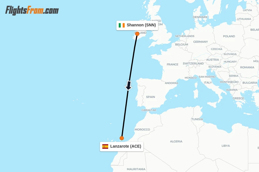 Flights from Shannon to Lanzarote route map