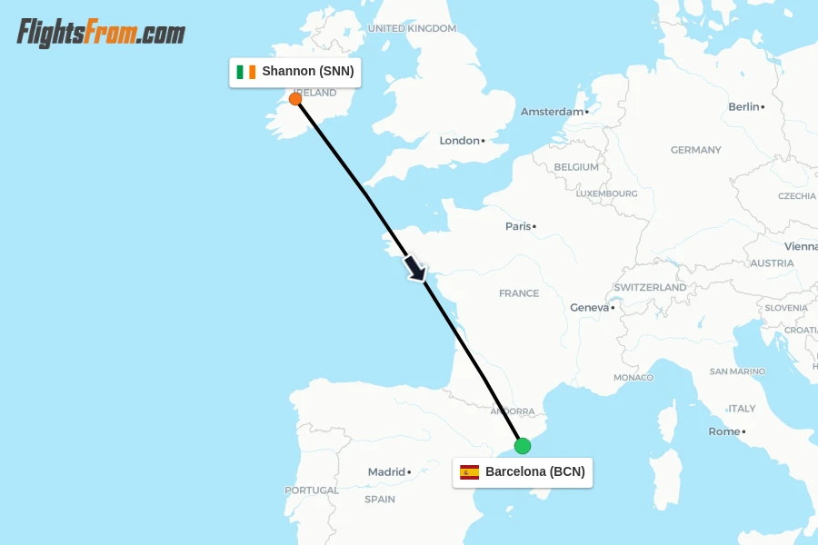 Flights from Shannon to Barcelona route map