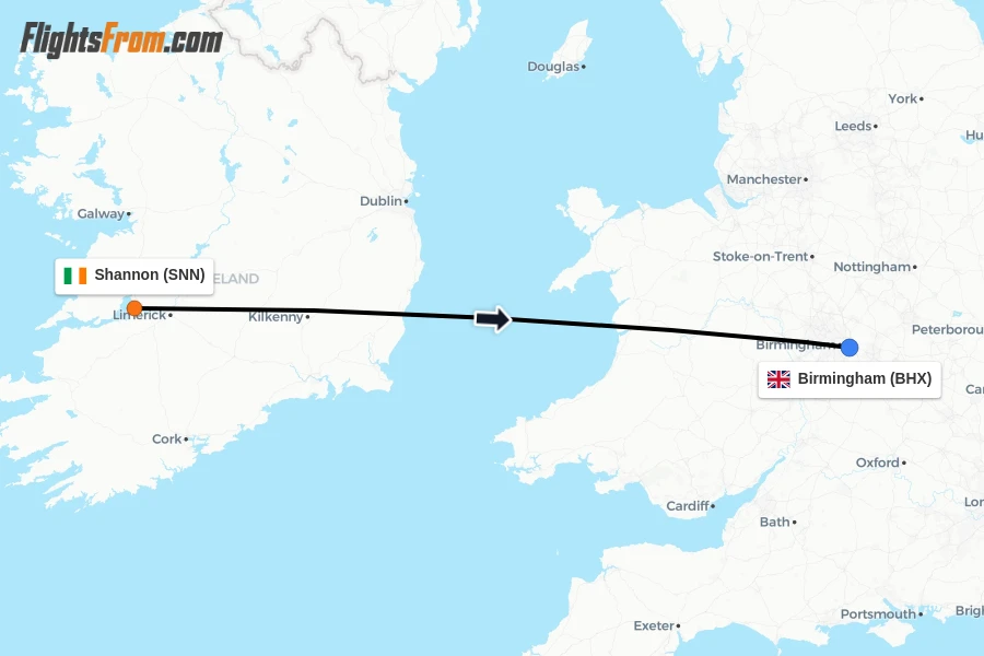 Flights from Shannon to Birmingham route map