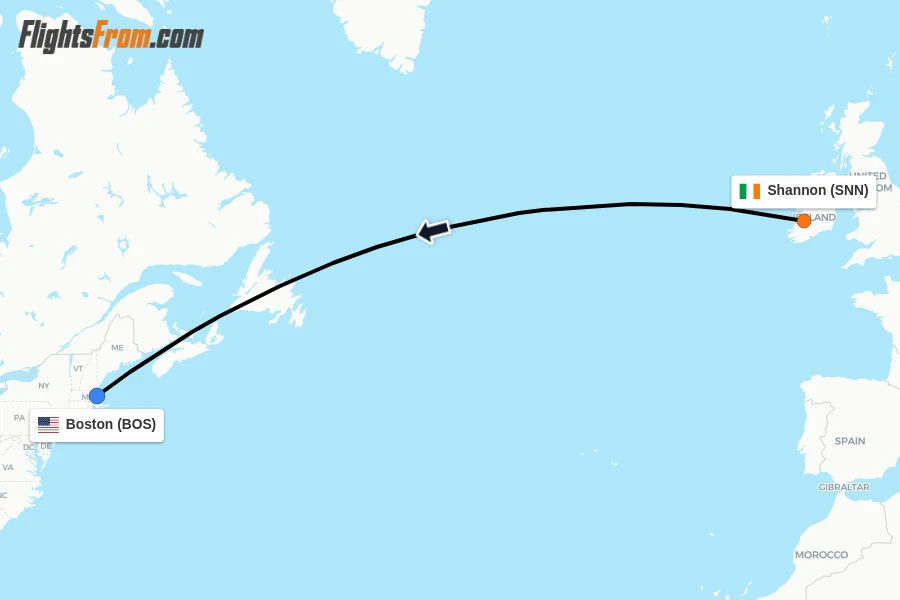 Flights from Shannon to Boston route map