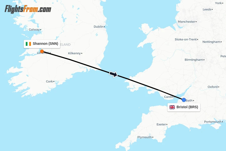 Flights from Shannon to Bristol route map
