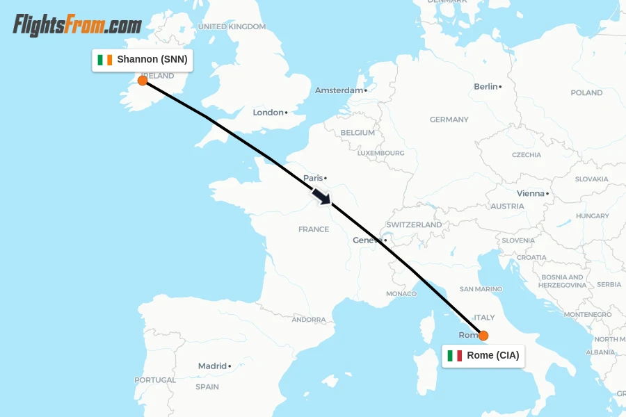 Flights from Shannon to Rome route map