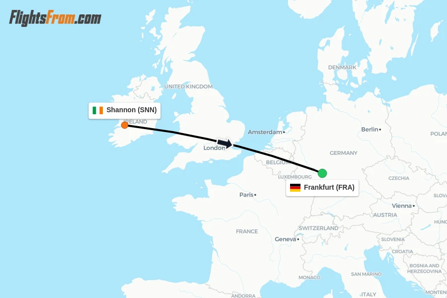 Flights from Shannon to Frankfurt route map