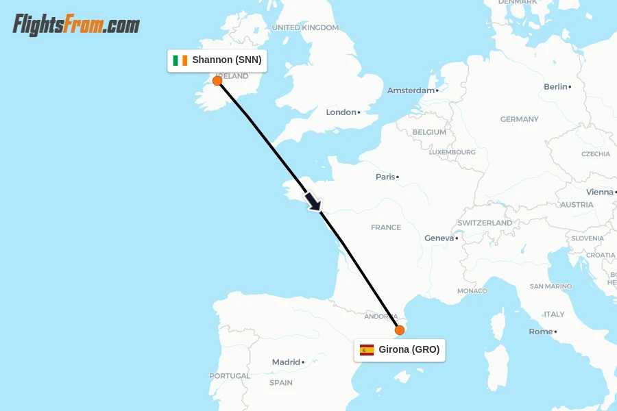 Flights from Shannon to Girona route map
